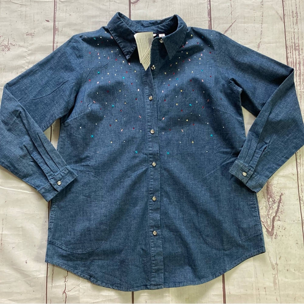 Quacker Factory Women’s XS Chambray Button Rhinestone Embellished Stretch NWT